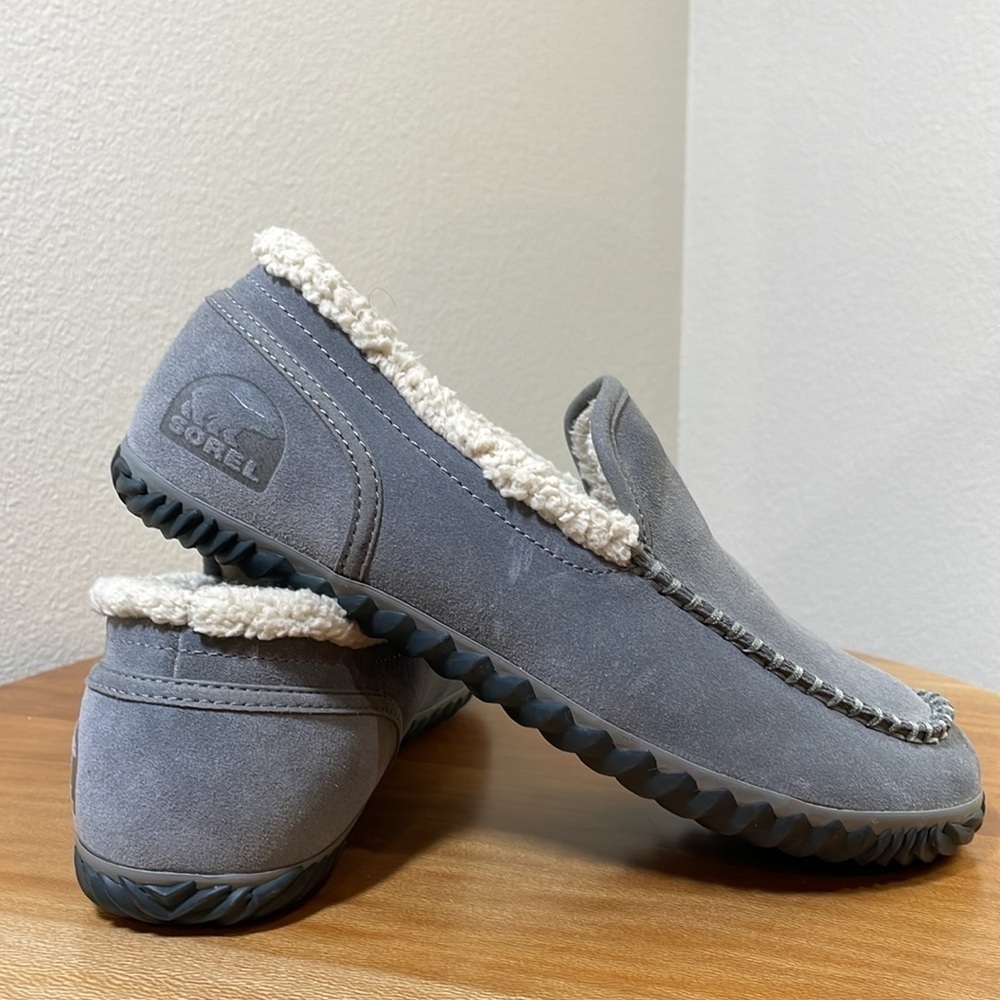 SOREL Dude Moc Faux Fur Suede Leather Slipper Quarry Gray Mens 7.5